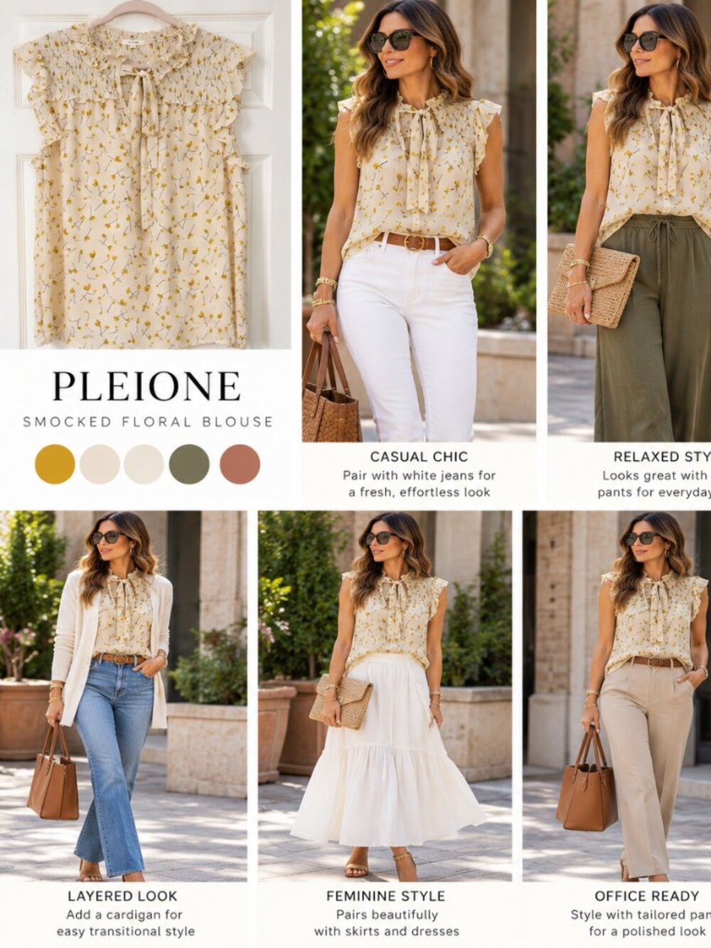 Pleione Ivory Yellow Floral Smocked Ruffle Tie Neck Blouse Size XL